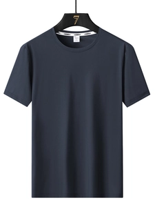 Men's breathable dark blue ice silk modal t-shirt with crew neck and textured fabric