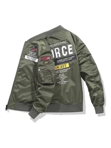 Military green bomber jacket with FORCE back print and embroidered flight patches