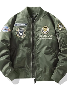 Army green bomber jacket with military embroidery patches and ribbed collar details
