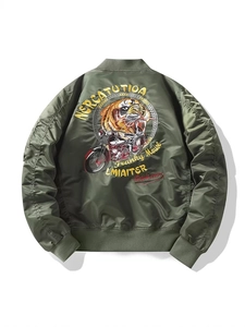 Army green bomber jacket with vintage tiger and motorcycle embroidery on the back