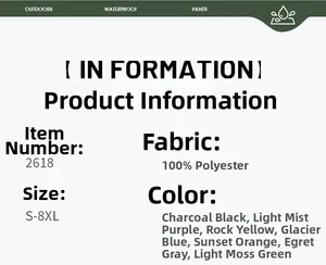 Tableau des tailles de S à 8XL et détails du tissu 100% polyester pour pantalon cargo