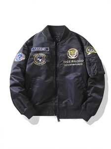 Classic black bomber jacket with military embroidery patches and tactical sleeve pocket
