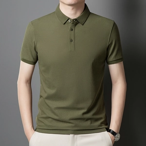 Men's olive green short sleeve polo shirt in mercerized cotton with ribbed cuffs