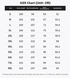 Tableau des tailles pour pantalon cargo large avec mesures de S à 8XL en centimètres