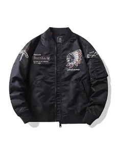 Blouson aviateur MA1 noir pour hommes avec broderie tête indienne et écussons de pilote
