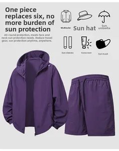 Detail of purple sun protection set featuring hooded jacket and drawstring shorts fabric