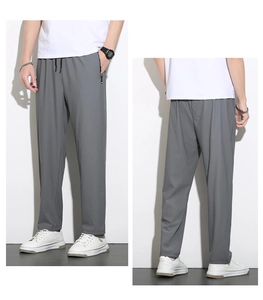 Front and back view of men's dark grey ice silk casual pants with drawstring waist