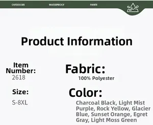 Size chart for waterproof outdoor trousers in 100% polyester with 7 color options