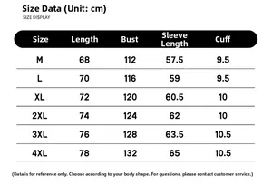 Detailed size chart for men jacket showing length, bust, and sleeve measurements in CM