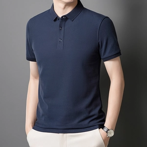 Men's navy blue mercerized cotton polo shirt with ribbed cuffs and classic collar