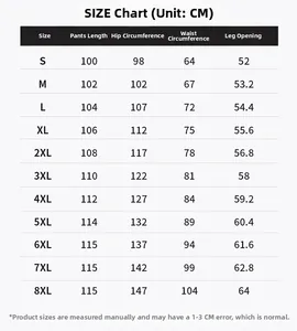 Detailed size guide for outdoor leisure pants with length, waist, and hip measurements