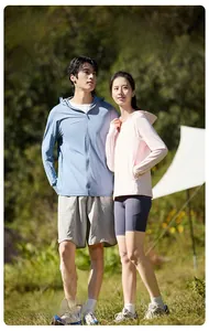 Detail of couple in breathable sun protection jackets outdoors with ice-silk fabric texture