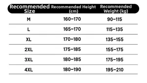 Size chart for men's slim fit jacket with height and weight recommendations from M to 4XL