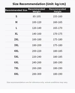 Detailed size chart for outdoor pants ranging from S to 8XL with height and weight metrics