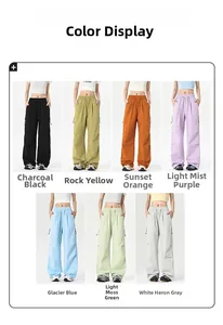 Matrix layout of wide-leg cargo pants in seven vibrant colors with drawstring waists