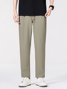Pantalon de loisirs en soie glacée pour hommes à coupe droite et taille élastique kaki