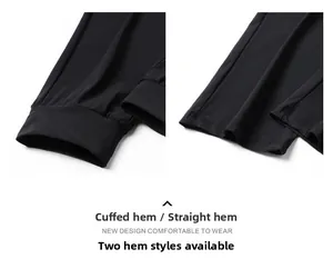 Detail showing comparison between elastic ribbed cuff and straight leg openings for men's pants