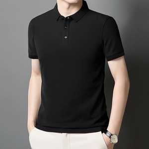 Men's slim fit short sleeve mercerized cotton polo shirt in classic solid black color