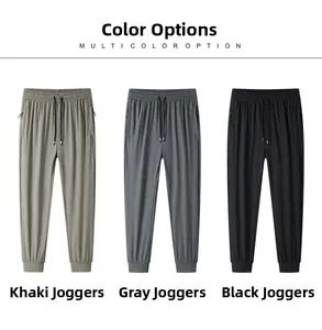 Three-color display of ice silk jogger pants with drawstring waist and textured fabric