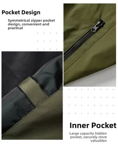 Detail view of military green jacket showing functional zipper pockets and inner hidden compartment
