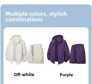 Detail view of lightweight sun protection sets in off-white and purple quick-dry fabric