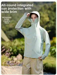 Detail of sun protection jacket featuring wide brim hood and integrated breathable mask