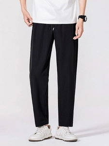 Pantalon homme en soie glacée noire, haute élasticité, coupe droite et cordon de serrage