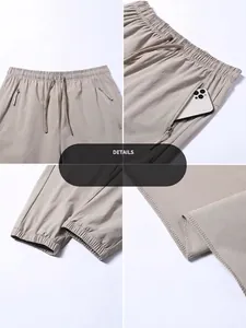 Men's ice silk casual pants with drawstring waist, zipper pockets, and elastic cuffs