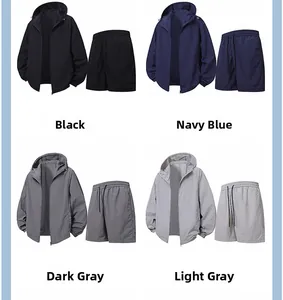 Detail view of men's quick-dry sun protection set in four colors with drawstring shorts