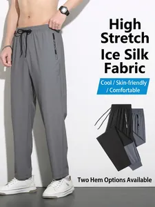 Breathable men's ice silk stretch pants with drawstring waist and zipper pockets