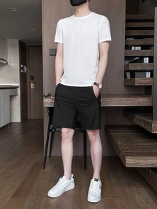 Men's ice silk quick-dry sports set with white t-shirt and black shorts for summer training