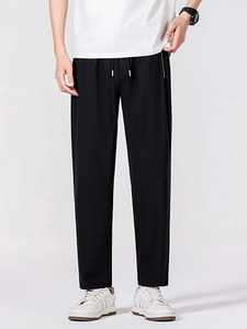 Men's black quick-dry ice silk trousers with drawstring waist for casual sport wear