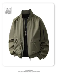 Detail of army green slim fit bomber jacket with ribbed collar and sleeve utility pocket