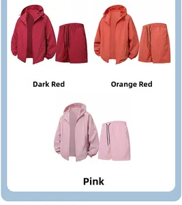 Three-color UV protection sets including hooded zip jackets and matching drawstring shorts