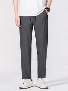 Men's dark gray quick-dry ice silk pants with elastic drawstring waist and zipper pockets