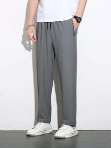 Men's ice silk gray straight casual pants with drawstring waist and zipper pocket details