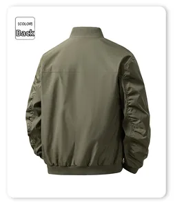 Detail view of the back of a slim fit army green jacket with ribbed hem and cuffs