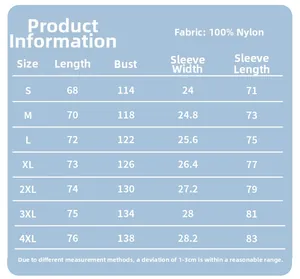 Detailed size guide and measurements table for men's sun protection outdoor clothing set