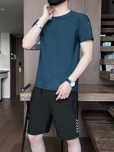 Men's summer quick-dry sports set with navy short-sleeve T-shirt and black shorts