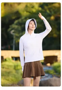 Detail of white hooded sun protection jacket with thumb holes and breathable fabric