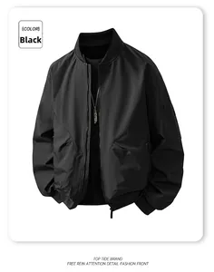 Detailed close-up of a black bomber jacket with ribbed cuffs and a utility arm pocket