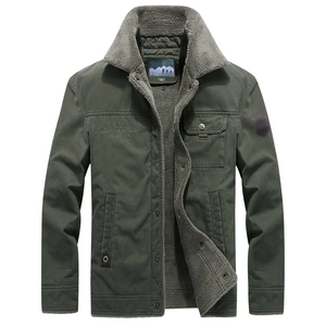 Men's winter fleece-lined work jacket in army green with warm faux lamb wool collar
