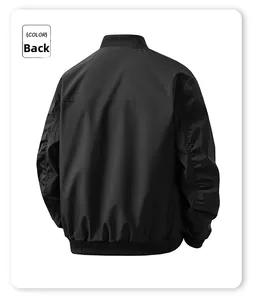 Rear view of a black slim-fit bomber jacket featuring ribbed hem and cuffs for men