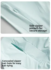 Detail of light blue sun protection jacket with zipper pockets and hidden ponytail hole