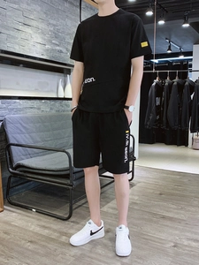 Men Casual Summer Set Polyester Short Sleeve T-Shirt And Shorts Top And Bottom Sporty Style Printed Letter Decor For Youth