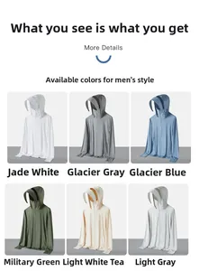 Detailed color chart for men's hooded sun protection jackets in six outdoor shades