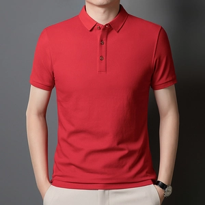 Men's solid red mercerized cotton polo shirt with ribbed cuffs and tailored fit