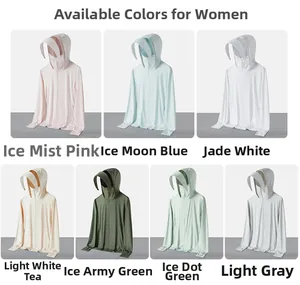 Detail view of seven soft color options for hooded sun protection jackets with face shields