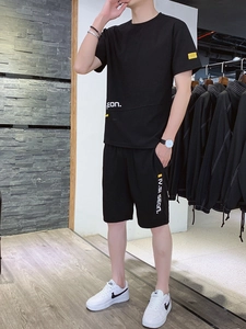 Men's summer ice silk two-piece set with black short sleeve t-shirt and loose casual shorts