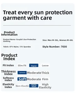 Detailed chart showing 87% nylon sun protection jacket fabric specs and size range